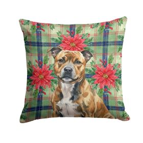 Brindle Staffordshire Bull Terrier Christmas PoinsettIas Throw Pillow Decorative Indoor Outdoor Accent Cushion for Couch, Bed or Patio, 14Hx14W