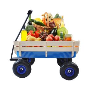 Outdoor Wagon All Terrain Pulling W  Wood Railing Air Tires Children Kid Garden (Color: Blue)
