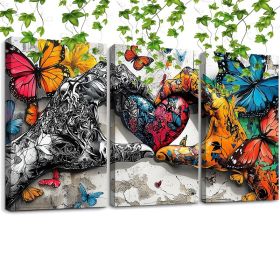 Framed 3pcs Graffiti Holding Hands Love Heart Canvas Wall Art Fashion Love Poster Painting Prints For Home Dining Room Living Room Wall Decor Art (Option: 12x8inch)