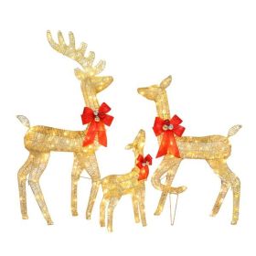 3pcs 54x38x122cm 30.00V 3.60W Family Elk Golden Iron Frame Cotton Thread Green Onion Powder Courtyard Elk Christmas Decoration (Option: As picture)